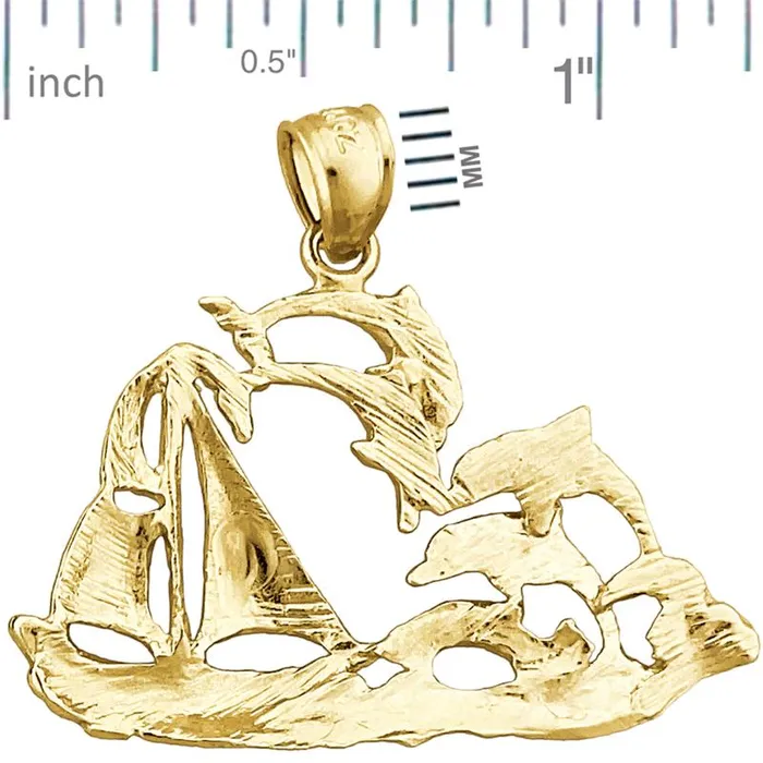 14K Gold Sailboat and Dolphins Pendant Goldia Necklaces