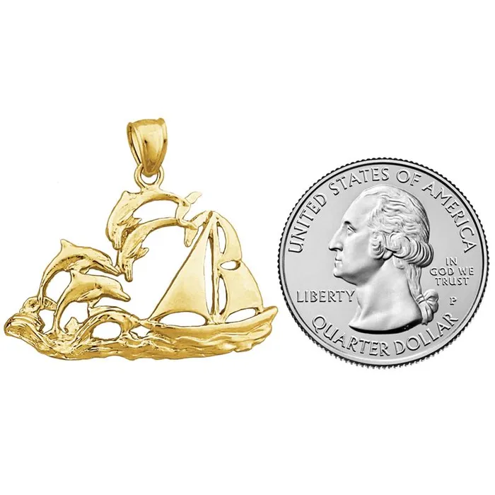 14K Gold Sailboat and Dolphins Pendant Goldia Necklaces