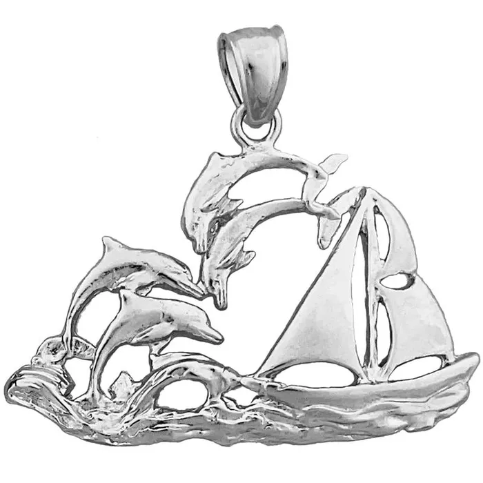14K Gold Sailboat and Dolphins Pendant Goldia Necklaces