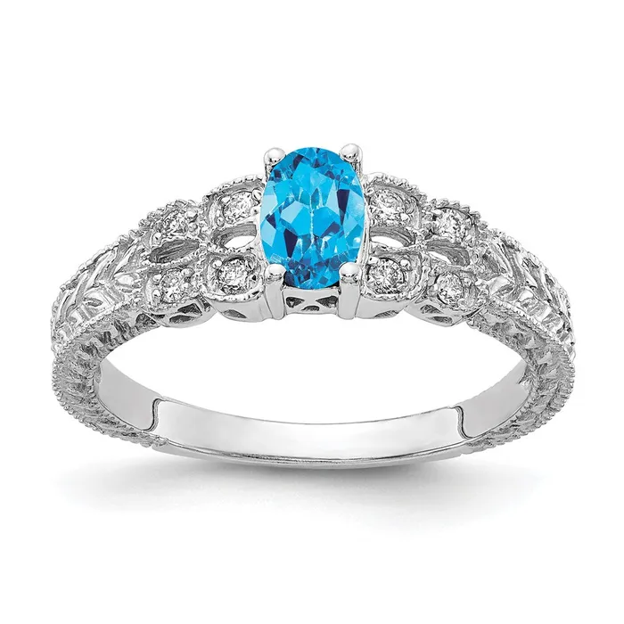 14k White Gold 6x4mm Oval Blue Topaz Checker AA Diamond ring Goldia Rings 14k White Gold 6x4mm Oval Blue Topaz Checker AA Diamond ring Goldia Rings