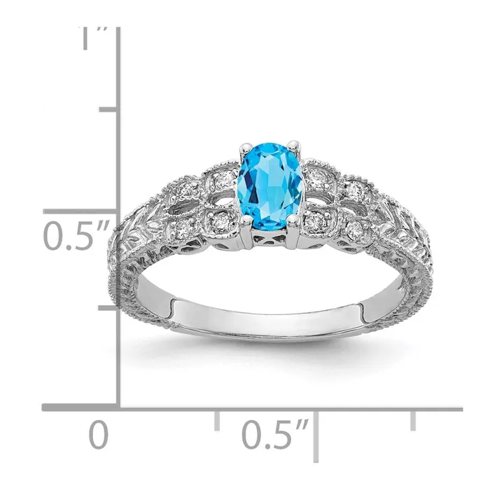14k White Gold 6x4mm Oval Blue Topaz Checker AA Diamond ring Goldia Rings