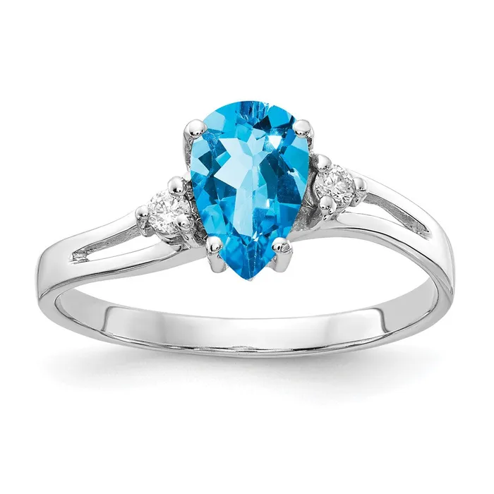 14k White Gold 7x5mm Pear Blue Topaz AAA Diamond ring Goldia Rings