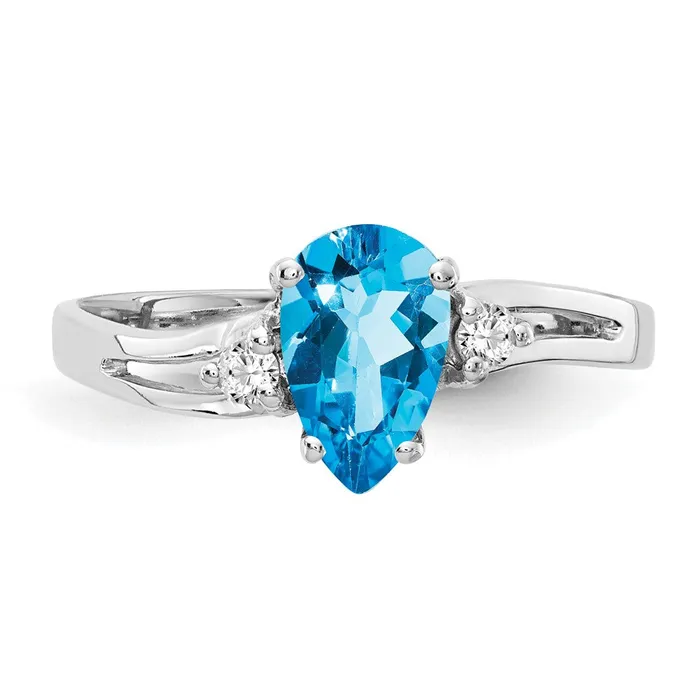 14k White Gold 7x5mm Pear Blue Topaz AAA Diamond ring Goldia Rings