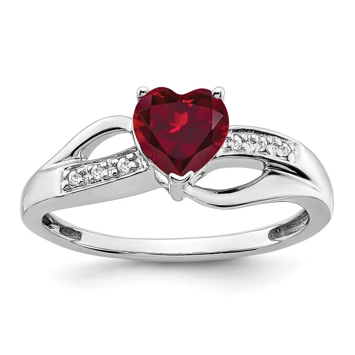 14k White Gold Created Ruby and Real Diamond Heart Ring Goldia Rings