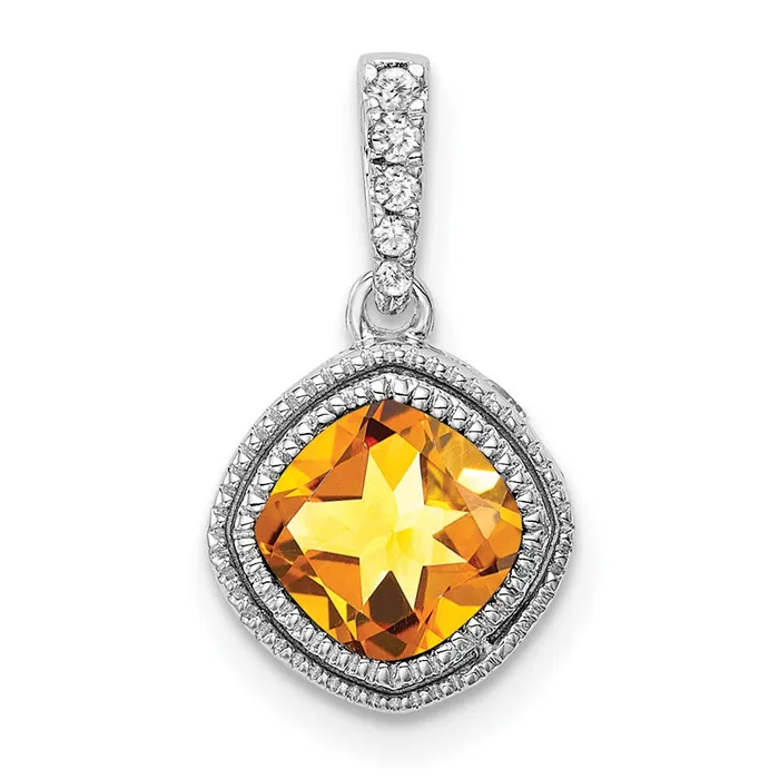 14k White Gold Cushion Citrine and Real Diamond Pendant Goldia Necklaces