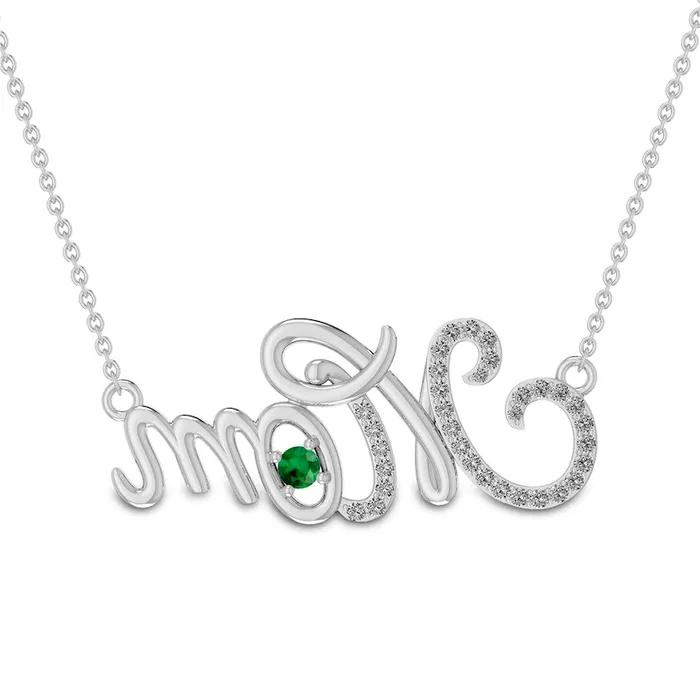 30mm LabCreated Emerald and White LabCreated Sapphire Cursive Mom Pendant in Sterling Silver Goldia Necklaces 30mm LabCreated Emerald and White LabCreated Sapphire Cursive Mom Pendant in Sterling Silver Goldia Necklaces