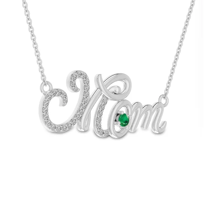 30mm LabCreated Emerald and White LabCreated Sapphire Cursive Mom Pendant in Sterling Silver Goldia Necklaces 30mm LabCreated Emerald and White LabCreated Sapphire Cursive Mom Pendant in Sterling Silver Goldia Necklaces