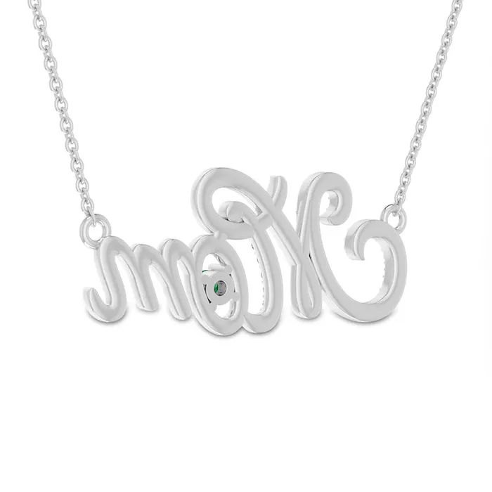 30mm LabCreated Emerald and White LabCreated Sapphire Cursive Mom Pendant in Sterling Silver Goldia Necklaces 30mm LabCreated Emerald and White LabCreated Sapphire Cursive Mom Pendant in Sterling Silver Goldia Necklaces