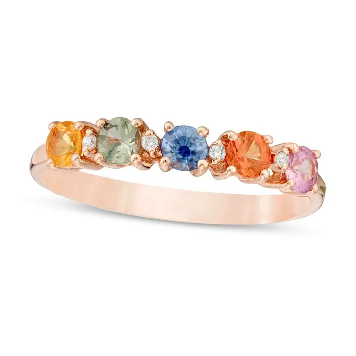 30mm MultiColor Sapphire and Natural Diamond Accent Five Stone Ring in Solid 14K Rose Gold Goldia Rings 30mm MultiColor Sapphire and Natural Diamond Accent Five Stone Ring in Solid 14K Rose Gold Goldia Rings