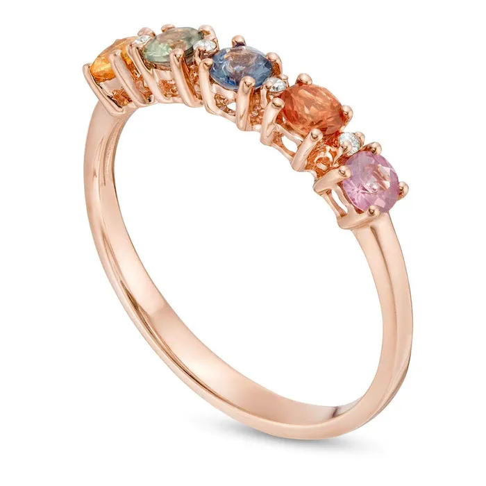 30mm MultiColor Sapphire and Natural Diamond Accent Five Stone Ring in Solid 14K Rose Gold Goldia Rings 30mm MultiColor Sapphire and Natural Diamond Accent Five Stone Ring in Solid 14K Rose Gold Goldia Rings