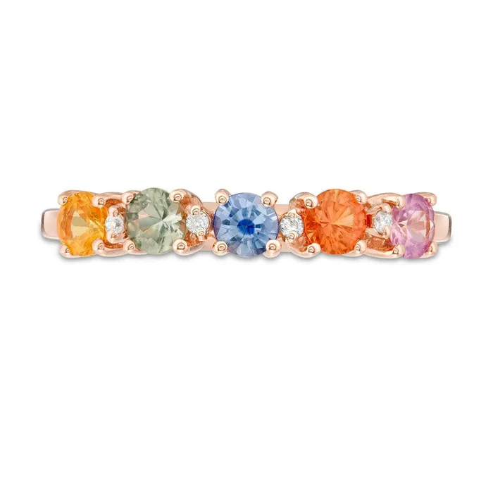 30mm MultiColor Sapphire and Natural Diamond Accent Five Stone Ring in Solid 14K Rose Gold Goldia Rings 30mm MultiColor Sapphire and Natural Diamond Accent Five Stone Ring in Solid 14K Rose Gold Goldia Rings