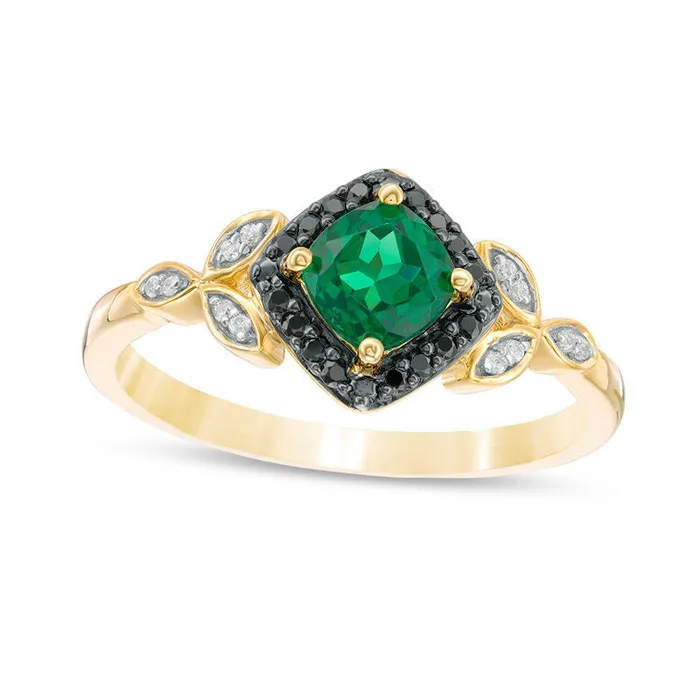 50mm CushionCut LabCreated Emerald and 010 CT TW Enhanced Black and White Diamond Leaves Ring in Solid 10K Yellow Gold Goldia Rings 50mm CushionCut LabCreated Emerald and 010 CT TW Enhanced Black and White Diamond Leaves Ring in Solid 10K Yellow Gold Goldia Rings