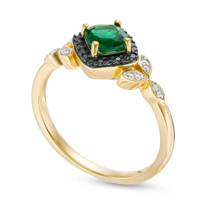 50mm CushionCut LabCreated Emerald and 010 CT TW Enhanced Black and White Diamond Leaves Ring in Solid 10K Yellow Gold Goldia Rings 50mm CushionCut LabCreated Emerald and 010 CT TW Enhanced Black and White Diamond Leaves Ring in Solid 10K Yellow Gold Goldia Rings