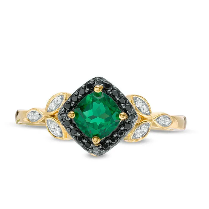 50mm CushionCut LabCreated Emerald and 010 CT TW Enhanced Black and White Diamond Leaves Ring in Solid 10K Yellow Gold Goldia Rings 50mm CushionCut LabCreated Emerald and 010 CT TW Enhanced Black and White Diamond Leaves Ring in Solid 10K Yellow Gold Goldia Rings