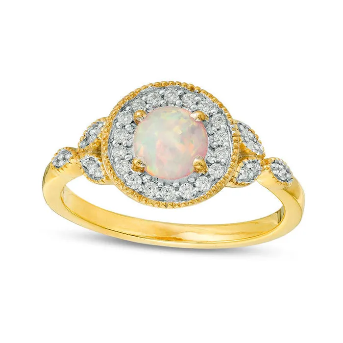 55mm LabCreated Opal and 013 CT TW Diamond Frame Antique VintageStyle Ring in Solid 10K Yellow Gold Goldia Rings 55mm LabCreated Opal and 013 CT TW Diamond Frame Antique VintageStyle Ring in Solid 10K Yellow Gold Goldia Rings