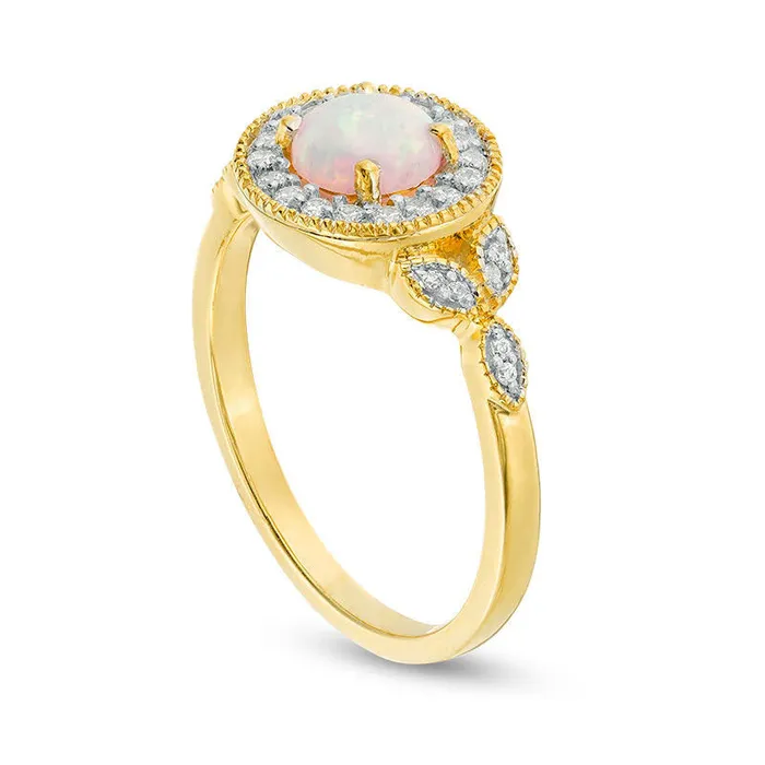 55mm LabCreated Opal and 013 CT TW Diamond Frame Antique VintageStyle Ring in Solid 10K Yellow Gold Goldia Rings 55mm LabCreated Opal and 013 CT TW Diamond Frame Antique VintageStyle Ring in Solid 10K Yellow Gold Goldia Rings