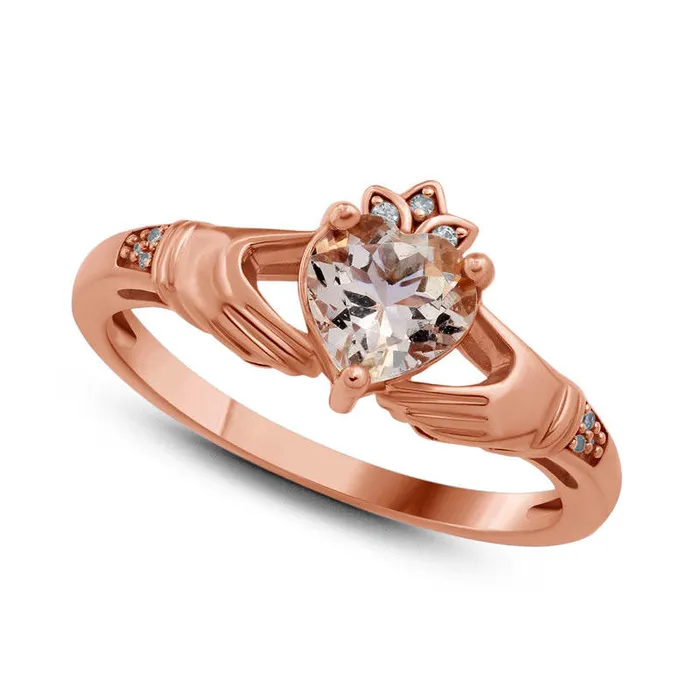 60mm HeartShaped Morganite and Natural Diamond Accent Claddagh Ring in Solid 10K Rose Gold Goldia Rings 60mm HeartShaped Morganite and Natural Diamond Accent Claddagh Ring in Solid 10K Rose Gold Goldia Rings