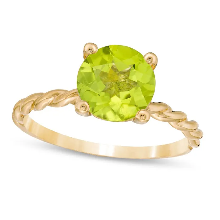 80mm Peridot Solitaire Rope Shank Ring in Solid 10K Yellow Gold Goldia Rings 80mm Peridot Solitaire Rope Shank Ring in Solid 10K Yellow Gold Goldia Rings