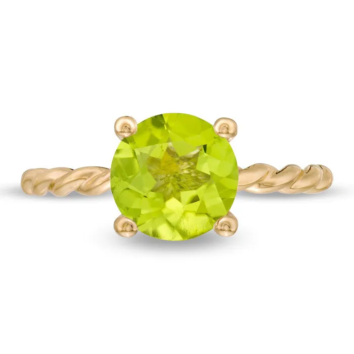 80mm Peridot Solitaire Rope Shank Ring in Solid 10K Yellow Gold Goldia Rings 80mm Peridot Solitaire Rope Shank Ring in Solid 10K Yellow Gold Goldia Rings