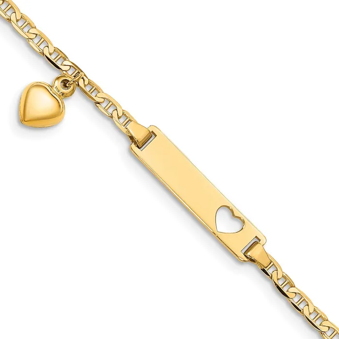 Bracelets MDS Solid 14K Yellow Gold Cutout Heart wDangling Heart Childrens Anchor Link ID Bracelet