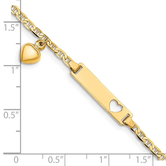 Bracelets MDS Solid 14K Yellow Gold Cutout Heart wDangling Heart Childrens Anchor Link ID Bracelet Bracelets MDS Solid 14K Yellow Gold Cutout Heart wDangling Heart Childrens Anchor Link ID Bracelet