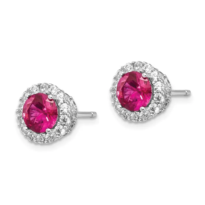 Cheryl M Sterling Silver Rhodiumplated Brilliantcut Lab Created Ruby and Brilliantcut White CZ Round Halo Post Earrings Goldia Earrings