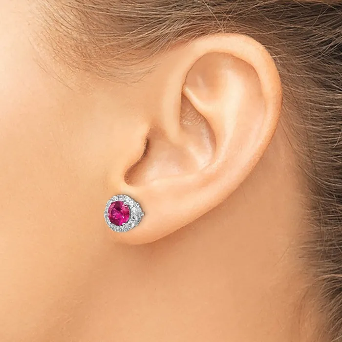 Cheryl M Sterling Silver Rhodiumplated Brilliantcut Lab Created Ruby and Brilliantcut White CZ Round Halo Post Earrings Goldia Earrings