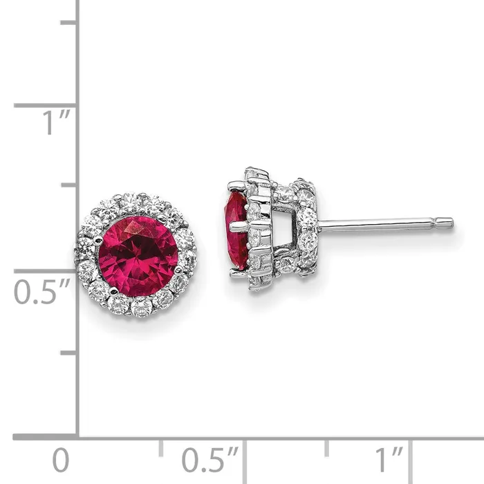 Cheryl M Sterling Silver Rhodiumplated Brilliantcut Lab Created Ruby and Brilliantcut White CZ Round Halo Post Earrings Goldia Earrings