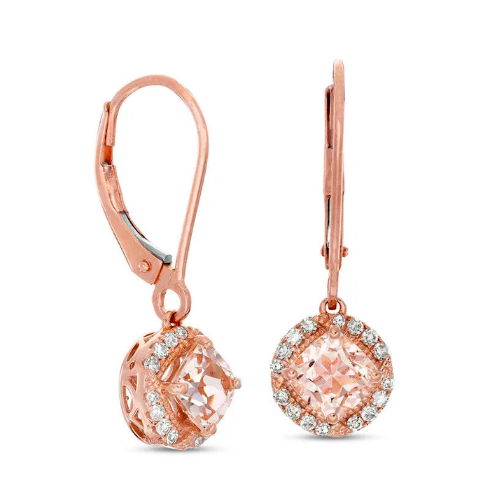 Earrings 50mm CushionCut Morganite and 017 CT TW Diamond Frame Drop Earrings in 10K Rose Gold Goldia Earrings 50mm CushionCut Morganite and 017 CT TW Diamond Frame Drop Earrings in 10K Rose Gold Goldia