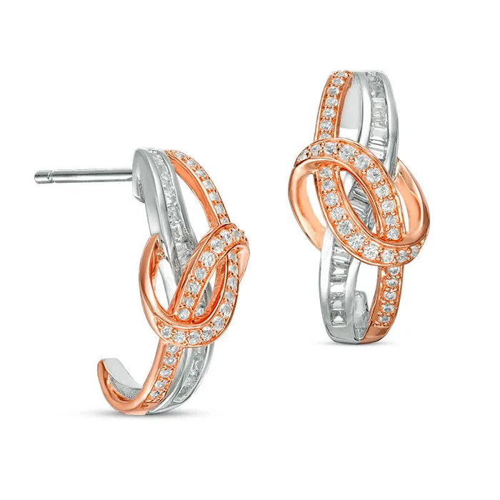 Earrings Goldia 05 CT TW Baguette and Round Diamond Loop JHoop Earrings in 10K TwoTone Gold Earrings Goldia 05 CT TW Baguette and Round Diamond Loop JHoop Earrings in 10K TwoTone Gold