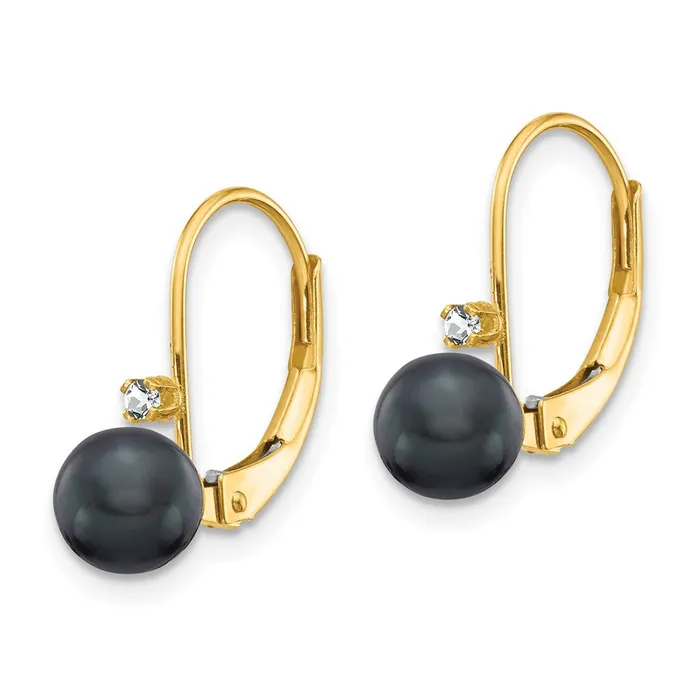 Earrings Goldia 14k Yellow Gold 56mm Black FW Cultured Pearl AA Real Diamond Leverback Earrings