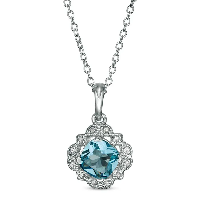 Earrings Goldia 60mm CushionCut Simulated Aquamarine and 004 CT TW Natural Diamond Frame Antique VintageStyle Drop Pendant in Sterling Silver Earrings Goldia 60mm CushionCut Simulated Aquamarine and 004 CT TW Natural Diamond Frame Antique VintageStyle Drop Pendant in Sterling Silver