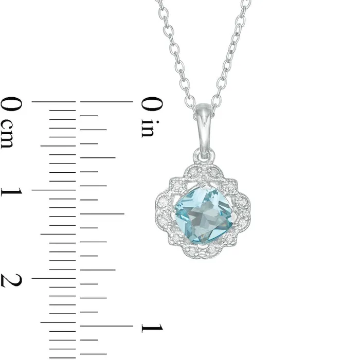 Earrings Goldia 60mm CushionCut Simulated Aquamarine and 004 CT TW Natural Diamond Frame Antique VintageStyle Drop Pendant in Sterling Silver Earrings Goldia 60mm CushionCut Simulated Aquamarine and 004 CT TW Natural Diamond Frame Antique VintageStyle Drop Pendant in Sterling Silver