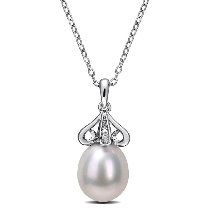 Earrings Goldia 8590mm Oval Cultured Freshwater Pearl and Natural Diamond Accent Scroll Petal Flower Drop Pendant in Sterling Silver Earrings Goldia 8590mm Oval Cultured Freshwater Pearl and Natural Diamond Accent Scroll Petal Flower Drop Pendant in Sterling Silver