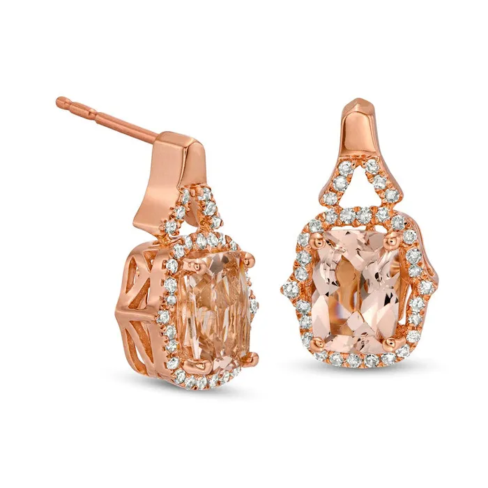 Earrings Goldia Elongated CushionCut Morganite and 02 CT TW Diamond Frame Drop Earrings in 10K Rose Gold Earrings Goldia Elongated CushionCut Morganite and 02 CT TW Diamond Frame Drop Earrings in 10K Rose Gold