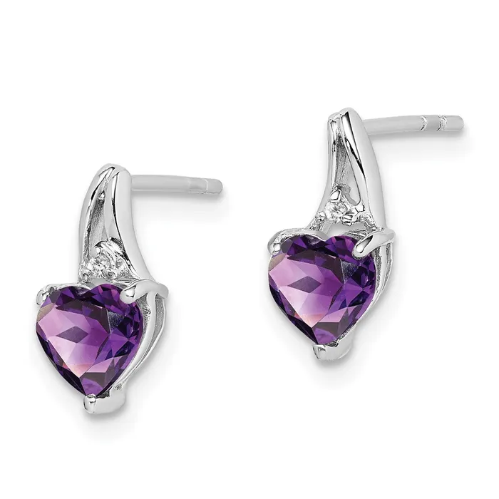 Earrings Goldia Sterling Silver Rhodium Plated Diamond and Amethyst Heart Post Earrings