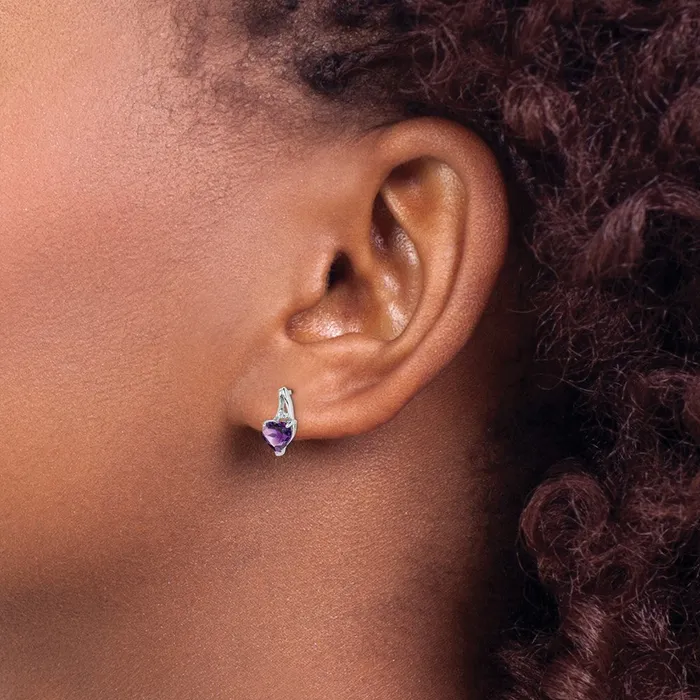 Earrings Goldia Sterling Silver Rhodium Plated Diamond and Amethyst Heart Post Earrings