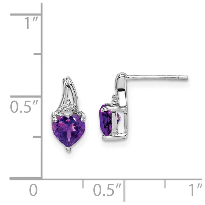 Earrings Goldia Sterling Silver Rhodium Plated Diamond and Amethyst Heart Post Earrings