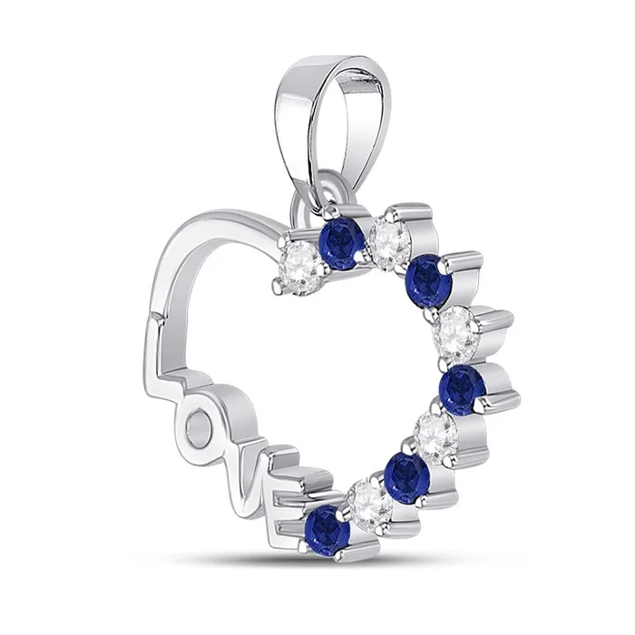 gndatlanta Necklaces 14k White Gold Round Blue Sapphire Love Heart Pendant 14 Cttw