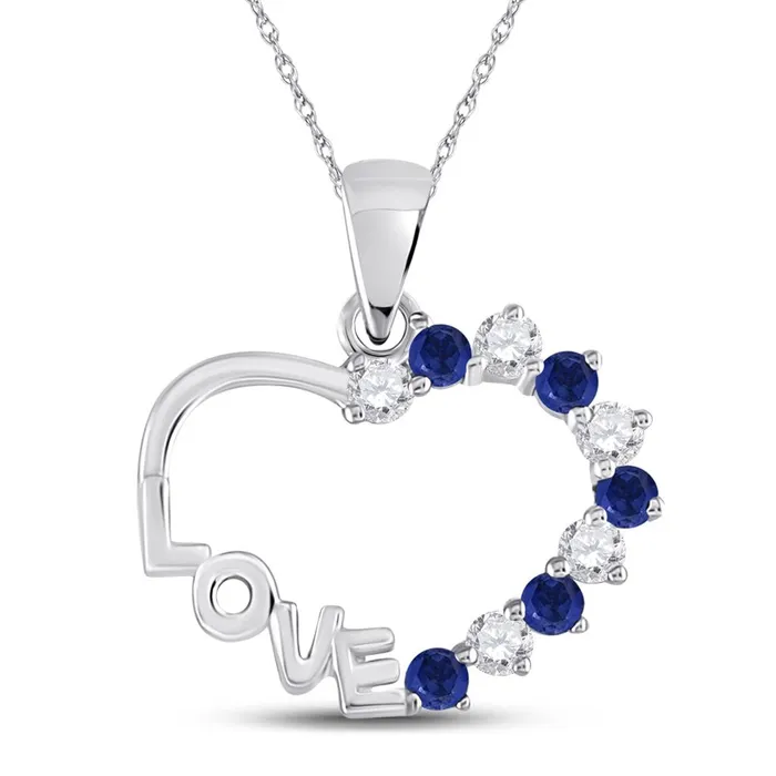 gndatlanta Necklaces 14k White Gold Round Blue Sapphire Love Heart Pendant 14 Cttw
