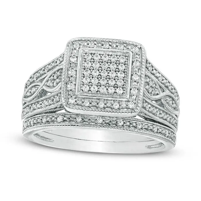 Goldia 025 CT TW Composite Natural Diamond Square Frame MultiRow Antique VintageStyle Bridal Engagement Ring Set in Sterling Silver Rings Goldia 025 CT TW Composite Natural Diamond Square Frame MultiRow Antique VintageStyle Bridal Engagement Ring Set in Sterling Silver Rings