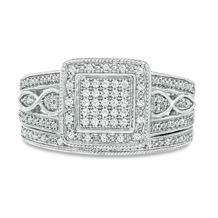 Goldia 025 CT TW Composite Natural Diamond Square Frame MultiRow Antique VintageStyle Bridal Engagement Ring Set in Sterling Silver Rings Goldia 025 CT TW Composite Natural Diamond Square Frame MultiRow Antique VintageStyle Bridal Engagement Ring Set in Sterling Silver Rings
