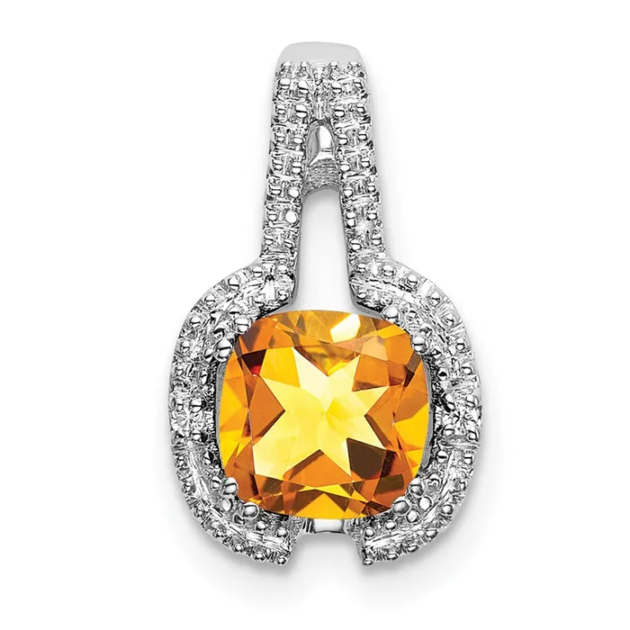 Goldia 14k White Gold Cushion Citrine and Real Diamond Pendant Necklaces