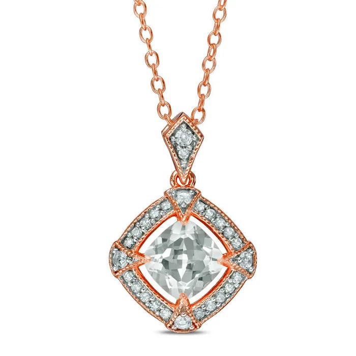 Goldia 60mm CushionCut LabCreated White Sapphire and 01 CT TW Diamond Pendant in Sterling Silver with Rose Rhodium Necklaces Goldia 60mm CushionCut LabCreated White Sapphire and 01 CT TW Diamond Pendant in Sterling Silver with Rose Rhodium Necklaces