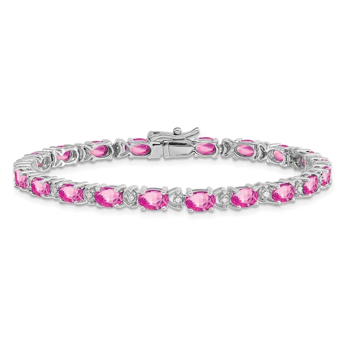 goldiaca 14k White Gold Oval Created Pink Sapphire and Natural Diamond Bracelet Bracelets