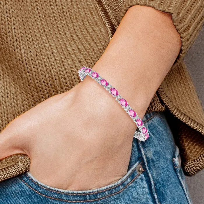goldiaca 14k White Gold Oval Created Pink Sapphire and Natural Diamond Bracelet Bracelets