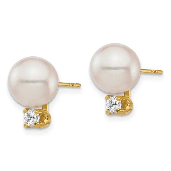 goldiaca Earrings 14K 8 9mm White Round Saltwater Akoya Cultured Pearl Diamond Post Earrings
