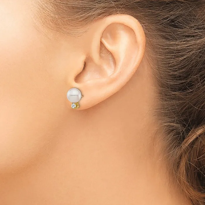 goldiaca Earrings 14K 8 9mm White Round Saltwater Akoya Cultured Pearl Diamond Post Earrings
