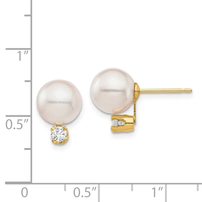 goldiaca Earrings 14K 8 9mm White Round Saltwater Akoya Cultured Pearl Diamond Post Earrings
