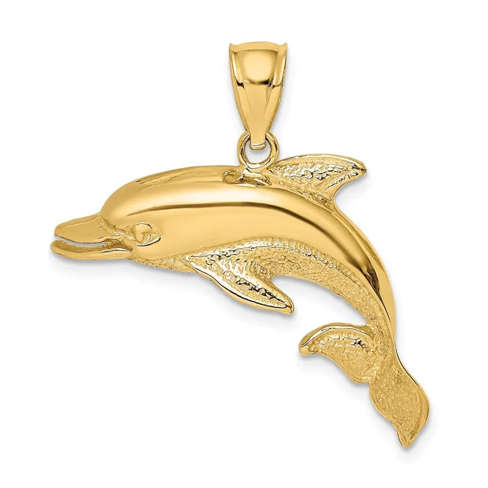 Goldia Charm Necklaces 14k Yellow Gold Polished and Textrued Open Mouth Dolphin Charm
